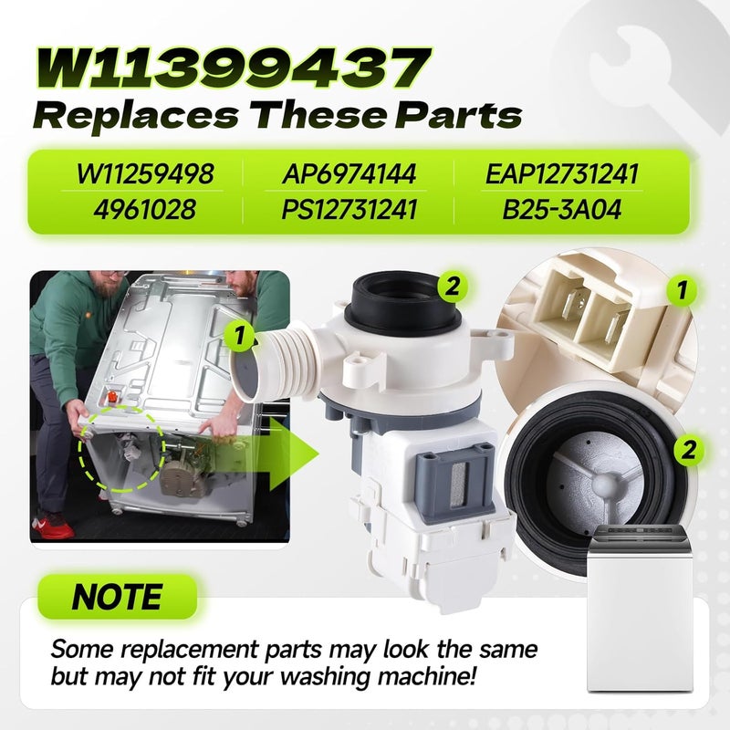 GREALTH W11399437 W11259498 Washer Drain Pump Assembly Compatible with Whirlpool Maytag Kenmore Crosley, B25-3A04 Washing Machine Drain Pump Replace W11259498 4961028 AP6974144 PS12731241 EAP12731241 - Image 4